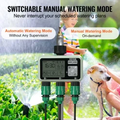 VEVOR Water Timer, 3 Outlets, Hose Watering Sprinkler Timer, with 3 Independent Watering Zone LCD Display Rain Delay Mode Manual Mode 360° Brass Inlet Metal Filter, IPX6 Waterproof for Yard Watering