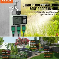 VEVOR Water Timer, 3 Outlets, Hose Watering Sprinkler Timer, with 3 Independent Watering Zone LCD Display Rain Delay Mode Manual Mode 360° Brass Inlet Metal Filter, IPX6 Waterproof for Yard Watering