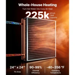 VEVOR Water to Air Heat Exchanger, 24 x 24 in Finned Tube HVAC Heat Exchanger Coil with Copper Tubes & Aluminum Fins, 225K BTU Output for Outdoor Wood Furnace, Hydronic Heating & Cooling Systems