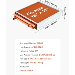 VEVOR Water to Air Heat Exchanger, 18 x 18 in Finned Tube HVAC Heat Exchanger Coil with Copper Tubes & Aluminum Fins, 120K BTU Output for Outdoor Wood Furnace, Hydronic Heating & Cooling Systems