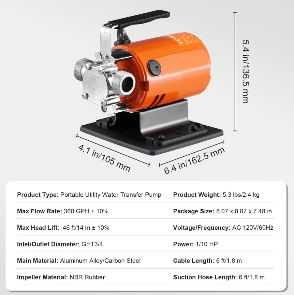 VEVOR Water Transfer Pump, 120V AC 360 GPH 1/10 HP, Portable Electric Utility Pump with 6 ft Suction Hose Kit, Carbon Brushes, Impeller, Suction Strainer, for Garden, Rain Barrel, Pool, Pond, Aquarium