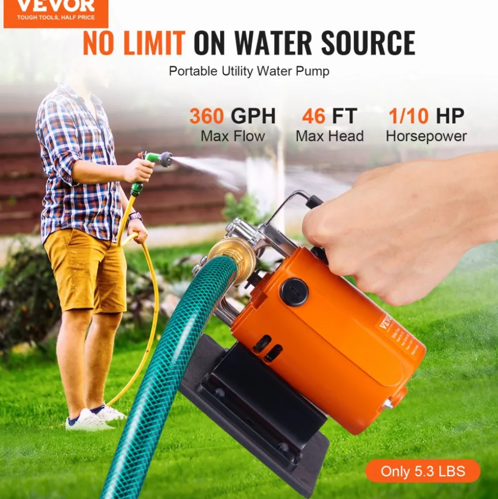 VEVOR Water Transfer Pump, 120V AC 360 GPH 1/10 HP, Portable Electric Utility Pump with 6 ft Suction Hose Kit, Carbon Brushes, Impeller, Suction Strainer, for Garden, Rain Barrel, Pool, Pond, Aquarium