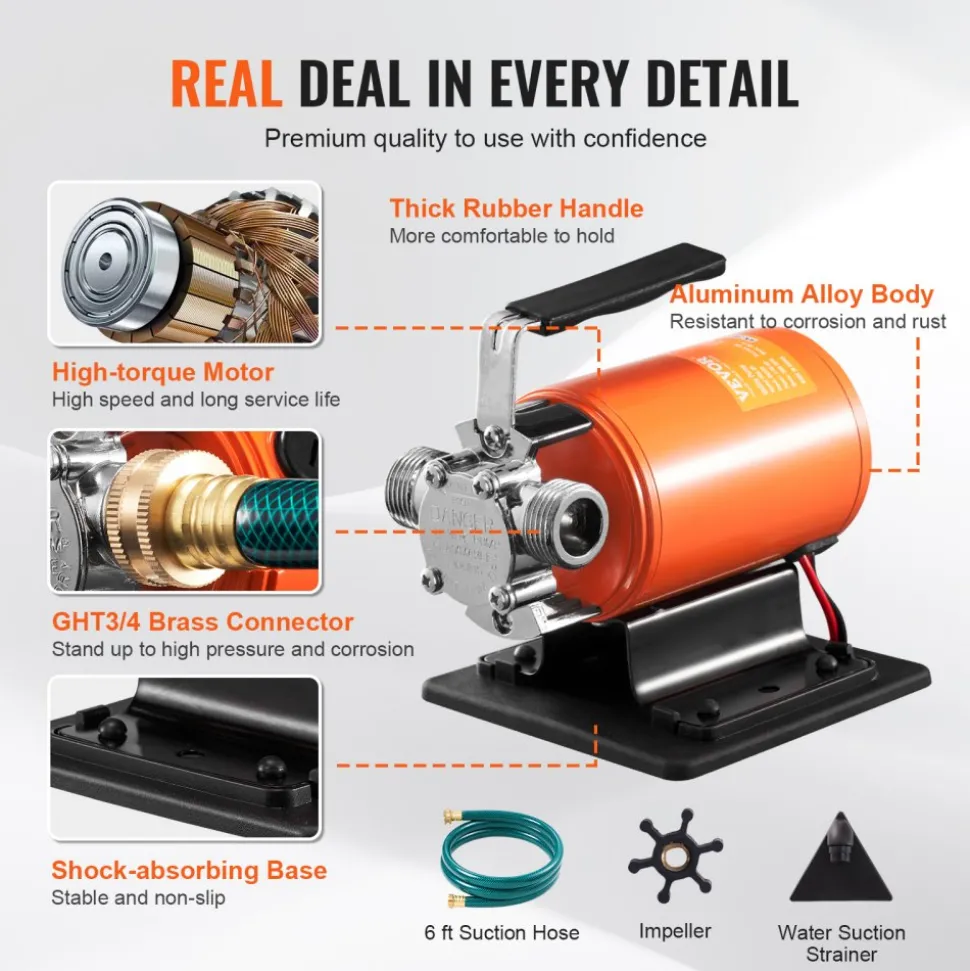 VEVOR Water Transfer Pump, 12V DC 360 GPH 1/10HP, Portable Electric Utility Pump with 6 ft Suction Hose Kit, Impeller, Suction Strainer, for Garden, Rain Barrel, Pool, Pond, Hot Tub, Aquarium Draining