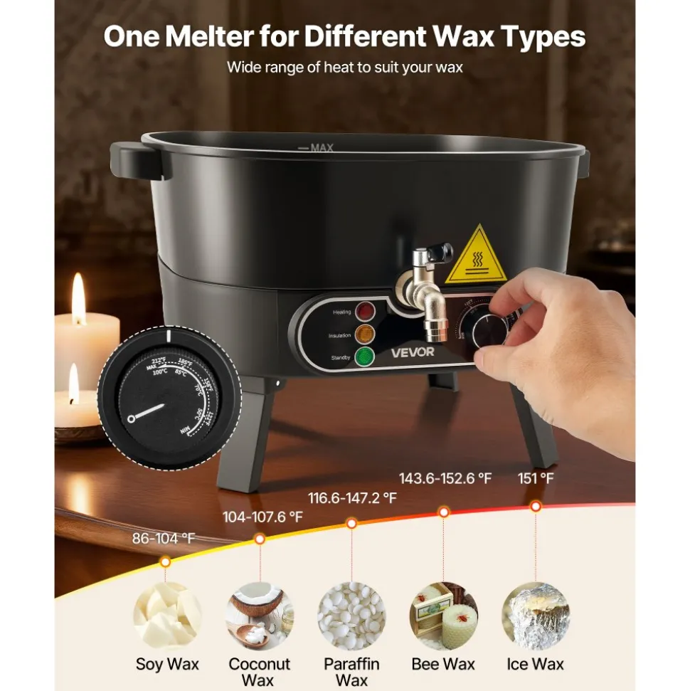 VEVOR Wax Melter for Candle Making, 6.3 Qts, Fast and Even Heating, with Easy Pour Spout and Temperature Control, Grooved Base for Non-Stick and Smooth Flow, Wax Melting Pot for Making Candles Soaps