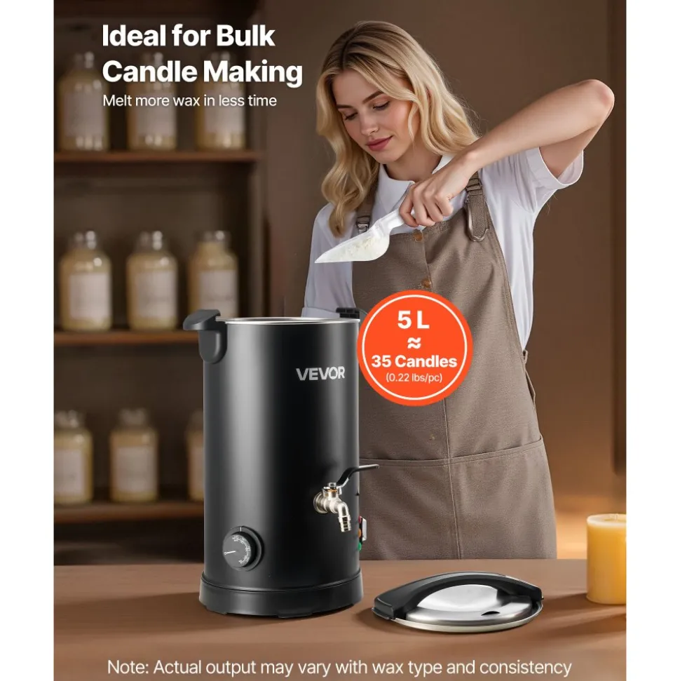 VEVOR Wax Melter for Candle Making, 5.3 Qts, Fast and Even Heating, with Easy Pour Spout and Temperature Control, Hourglass Base for Non-Stick Smooth Flow, Wax Melting Pot for Making Candles Soaps