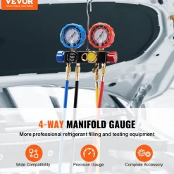 VEVOR 4 Way AC Gauge - AC Manifold Gauge Set for R134A R22 R12 R410A Refrigerant, Freon Gauges with 5ft Hoses, Couplers, Can Tap Works on Car Auto Freon Charging and Evacuation