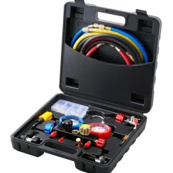 VEVOR 4 Way AC Gauge - AC Manifold Gauge Set for R134A R22 R12 R410A Refrigerant, Freon Gauges with 5ft Hoses, Couplers, Can Tap Works on Car Auto Freon Charging and Evacuation