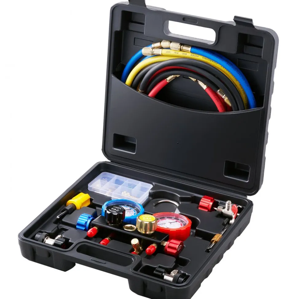 VEVOR 4 Way AC Gauge - AC Manifold Gauge Set for R134A R22 R12 R410A Refrigerant, Freon Gauges with 5ft Hoses, Couplers, Can Tap Works on Car Auto Freon Charging and Evacuation