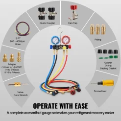 VEVOR 4 Way AC Gauge - AC Manifold Gauge Set for R134A R22 R12 R410A Refrigerant, Freon Gauges with 5ft Hoses, Couplers, Can Tap Works on Car Auto Freon Charging and Evacuation