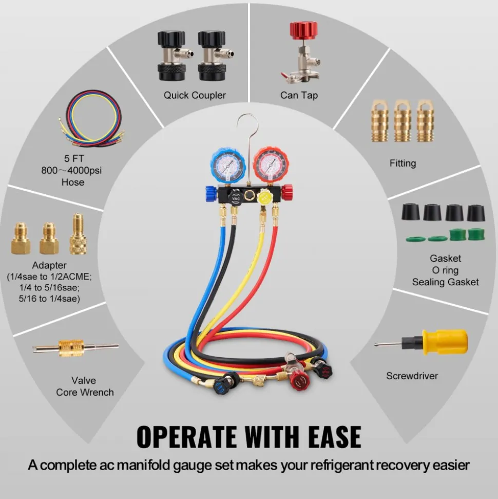 VEVOR 4 Way AC Gauge - AC Manifold Gauge Set for R134A R22 R12 R410A Refrigerant, Freon Gauges with 5ft Hoses, Couplers, Can Tap Works on Car Auto Freon Charging and Evacuation