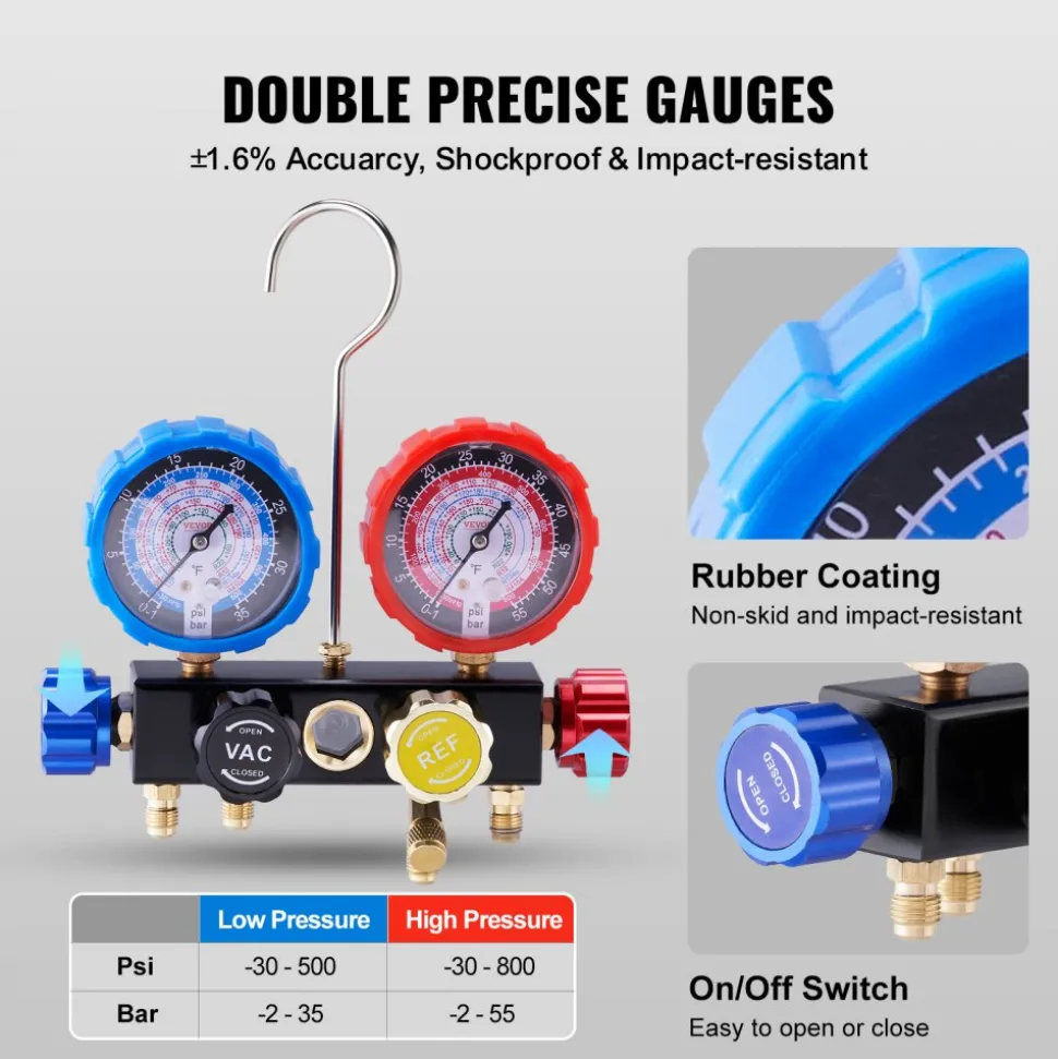 VEVOR 4 Way AC Gauge - AC Manifold Gauge Set for R134A R22 R12 R410A Refrigerant, Freon Gauges with 5ft Hoses, Couplers, Can Tap Works on Car Auto Freon Charging and Evacuation