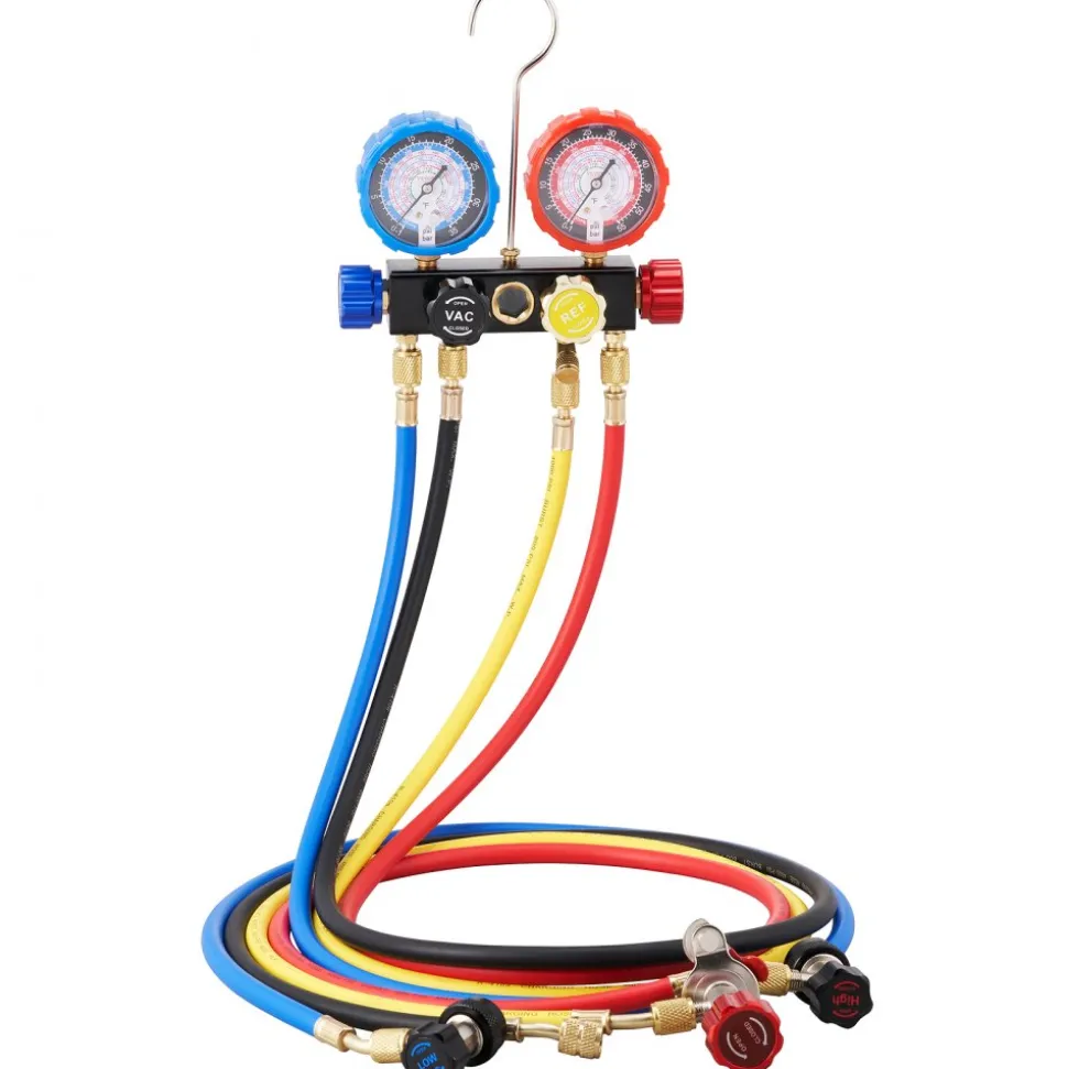 VEVOR 4 Way AC Gauge - AC Manifold Gauge Set for R134A R22 R12 R410A Refrigerant, Freon Gauges with 5ft Hoses, Couplers, Can Tap Works on Car Auto Freon Charging and Evacuation