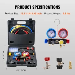 VEVOR 4 Way AC Gauge - AC Manifold Gauge Set for R134A R22 R12 R410A Refrigerant, Freon Gauges with 5ft Hoses, Couplers, Can Tap Works on Car Auto Freon Charging and Evacuation
