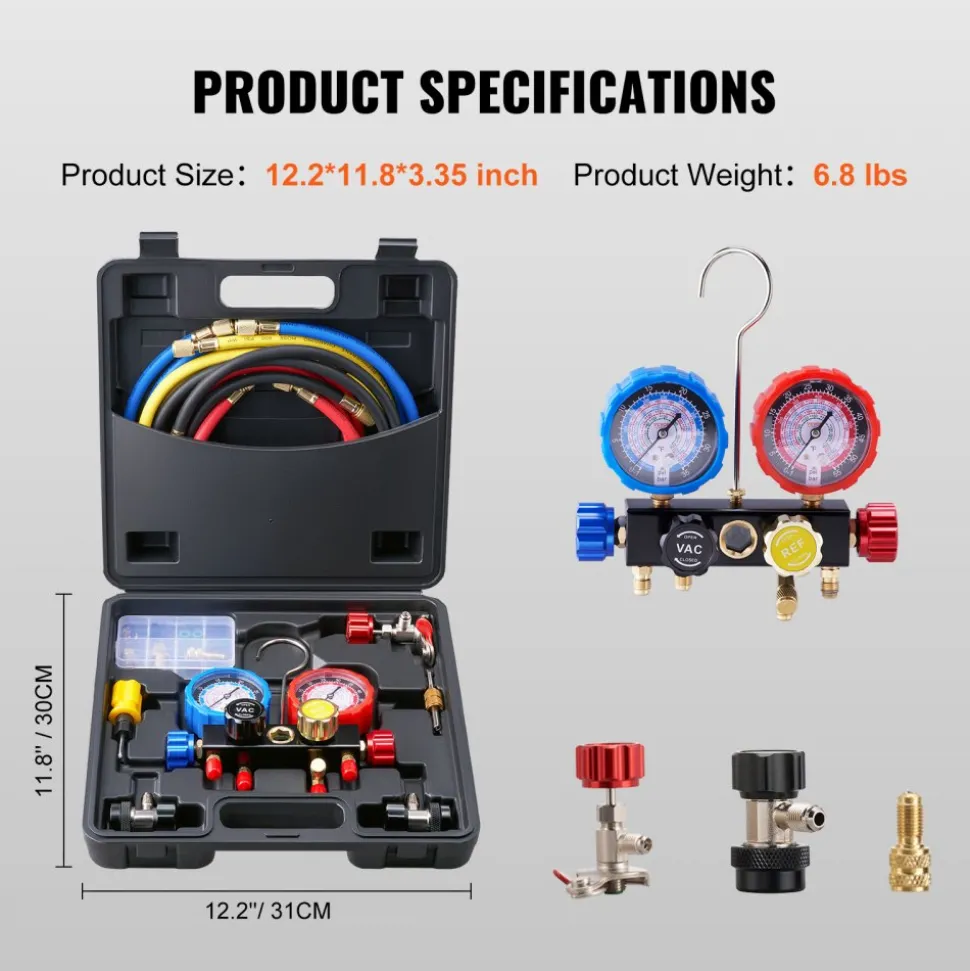 VEVOR 4 Way AC Gauge - AC Manifold Gauge Set for R134A R22 R12 R410A Refrigerant, Freon Gauges with 5ft Hoses, Couplers, Can Tap Works on Car Auto Freon Charging and Evacuation