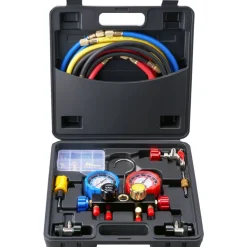 VEVOR 4 Way AC Gauge - AC Manifold Gauge Set for R134A R22 R12 R410A Refrigerant, Freon Gauges with 5ft Hoses, Couplers, Can Tap Works on Car Auto Freon Charging and Evacuation