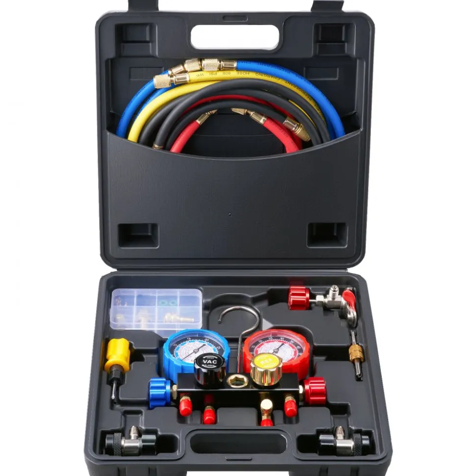 VEVOR 4 Way AC Gauge - AC Manifold Gauge Set for R134A R22 R12 R410A Refrigerant, Freon Gauges with 5ft Hoses, Couplers, Can Tap Works on Car Auto Freon Charging and Evacuation