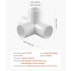 VEVOR 4-Way PVC Fittings, 1-inch PVC Pipe Joints Elbow Connector, 10-Pack Furniture Grade Pipe Corner Connectors for DIY Storage Rack, Animal Cage, Garden Support Frame, Impact & Weather-Resistant