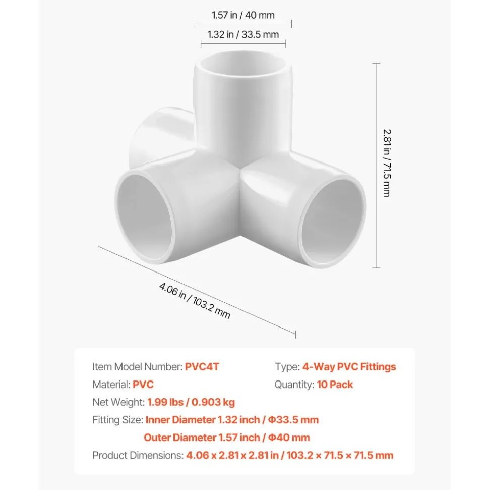 VEVOR 4-Way PVC Fittings, 1-inch PVC Pipe Joints Elbow Connector, 10-Pack Furniture Grade Pipe Corner Connectors for DIY Storage Rack, Animal Cage, Garden Support Frame, Impact & Weather-Resistant