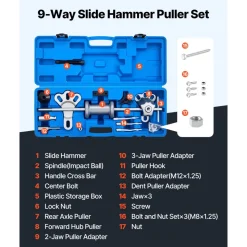 VEVOR 9-Way Slide Hammer Puller Set, 15PCS Front Wheel Hub Bearing Remover & Rear Wheel Axle Hub Dent Shaft Puller Tool Kit, Axle Bearing Puller Tool Kit and Slide Hammer Remover Set with Carry Box