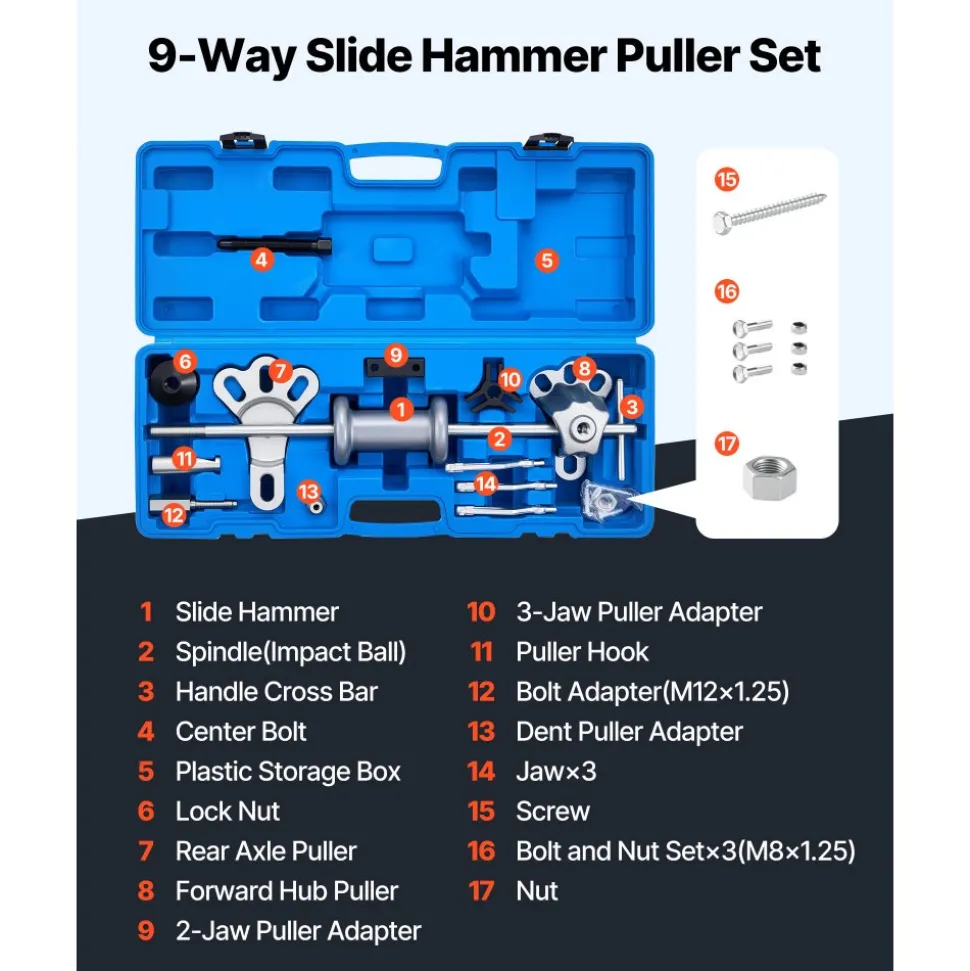 VEVOR 9-Way Slide Hammer Puller Set, 15PCS Front Wheel Hub Bearing Remover & Rear Wheel Axle Hub Dent Shaft Puller Tool Kit, Axle Bearing Puller Tool Kit and Slide Hammer Remover Set with Carry Box