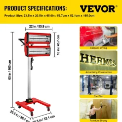 VEVOR 2000W Baking Infrared Paint Curing Lamp Short Wave Infrared Heater Car Bodywork Repair Paint Dryer/Stand