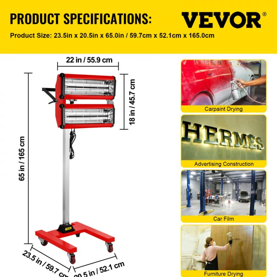 VEVOR 2000W Baking Infrared Paint Curing Lamp Short Wave Infrared Heater Car Bodywork Repair Paint Dryer/Stand