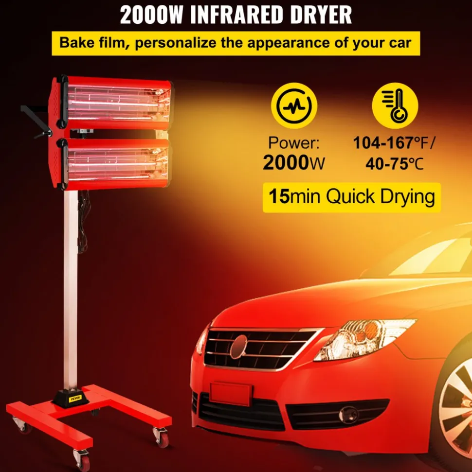VEVOR 2000W Baking Infrared Paint Curing Lamp Short Wave Infrared Heater Car Bodywork Repair Paint Dryer/Stand