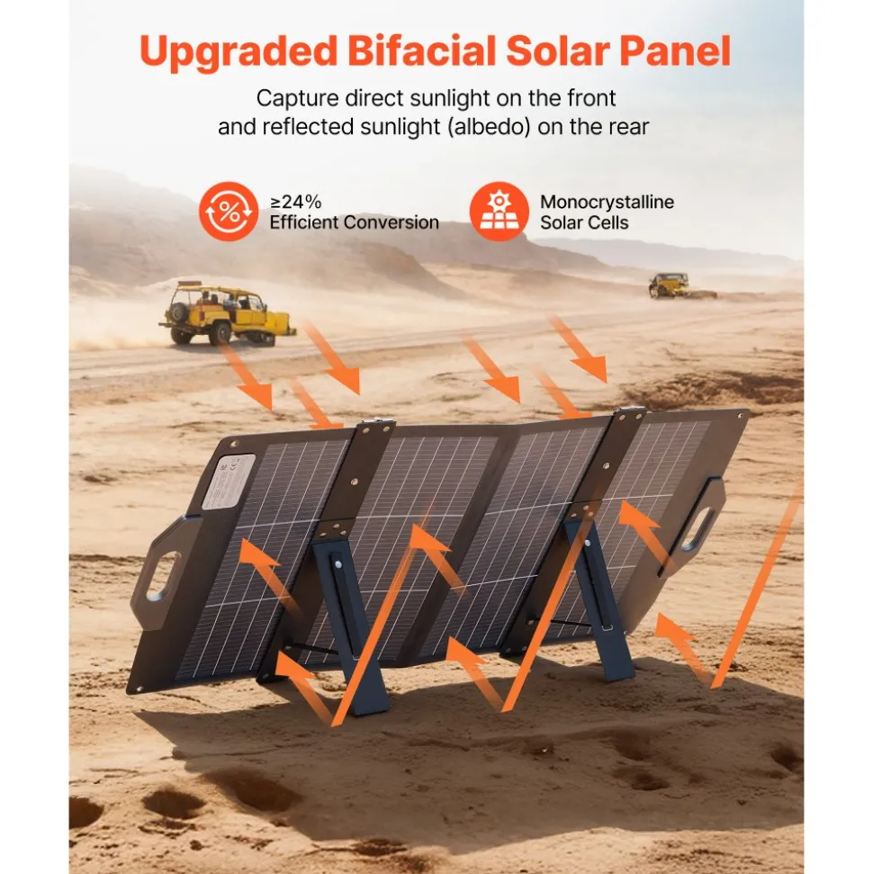 VEVOR 100W Bifacial Solar Panel, 16BB N-Type Foldable Monocrystalline Solar Panel Charger 24% Efficiency, Portable with MC4 Output, USB-A (QC3.0), Type-C & DC Ports for Power Stations Camping Hiking