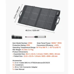 VEVOR 100W Bifacial Solar Panel, 16BB N-Type Foldable Monocrystalline Solar Panel Charger 24% Efficiency, Portable with MC4 Output, USB-A (QC3.0), Type-C & DC Ports for Power Stations Camping Hiking