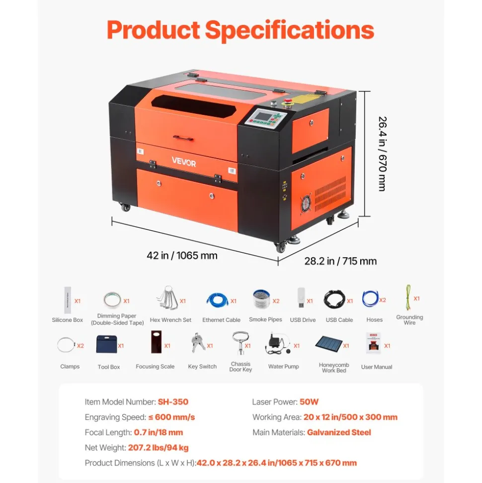 VEVOR 50W CO2 Laser Engraver, 20 x 12 in, CO2 Laser Engraver Cutter Machine with 4 Way Pass Air Assist, Engraving Cutting Machine, Compatible with LightBurn CorelDRAW RDWorks, for Wood Acrylic Glass