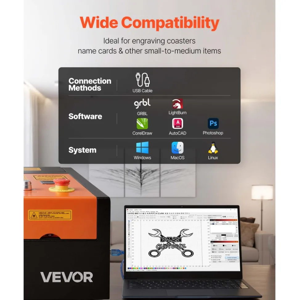 VEVOR 45W CO2 Laser Engraver, 12 x 8 in, Desktop CO2 Laser Engraver Cutter Machine with Rotary Axis, Air Assist, Engraving Machine Compatible with LightBurn CorelDRAW GRBL, for Wood Acrylic Glass