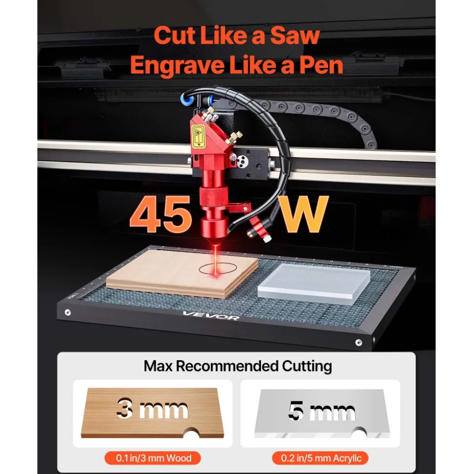 VEVOR 45W CO2 Laser Engraver, 12 x 8 in, Desktop CO2 Laser Engraver Cutter Machine with Rotary Axis, Air Assist, Engraving Machine Compatible with LightBurn CorelDRAW GRBL, for Wood Acrylic Glass