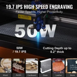 VEVOR 50W CO2 Laser Engraver, 12 x 20 in, 19.7 IPS Laser Cutter Machine with 2-Way Pass Air Assist, Compatible with LightBurn, CorelDRAW, AutoCAD, Windows, Mac OS, Linux, for Wood Acrylic Fabric More