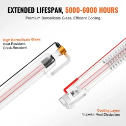 VEVOR 60W CO2 Laser Tube, 49.2 in (1250 mm) Length, 2 in (55 mm) Dia Borosilicate Glass Laser Cutter Tube with Metal Head, 5000-6000hr Wires Preconnected for Laser Engraver Engraving Cutting Machine