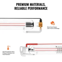 VEVOR 60W CO2 Laser Tube, 49.2 in (1250 mm) Length, 2 in (55 mm) Dia Borosilicate Glass Laser Cutter Tube with Metal Head, 5000-6000hr Wires Preconnected for Laser Engraver Engraving Cutting Machine