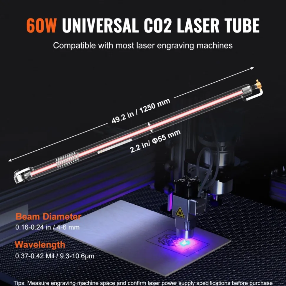 VEVOR 60W CO2 Laser Tube, 49.2 in (1250 mm) Length, 2 in (55 mm) Dia Borosilicate Glass Laser Cutter Tube with Metal Head, 5000-6000hr Wires Preconnected for Laser Engraver Engraving Cutting Machine