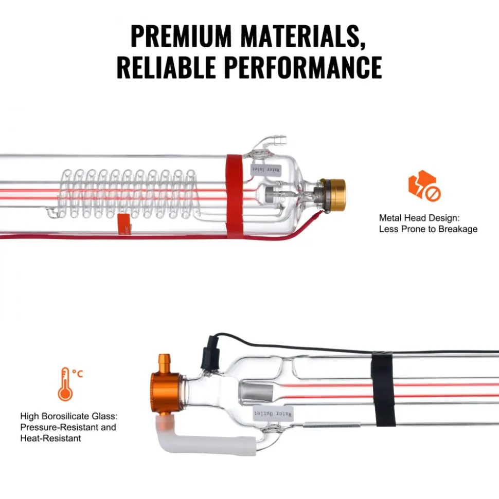 VEVOR 90W CO2 Laser Tube, 49.2 in (1250 mm) Length, 3.1 in (80 mm) Dia Borosilicate Glass Laser Cutter Tube with Metal Head, 10,000hr Wires Preconnected for Laser Engraver Engraving Cutting Machine