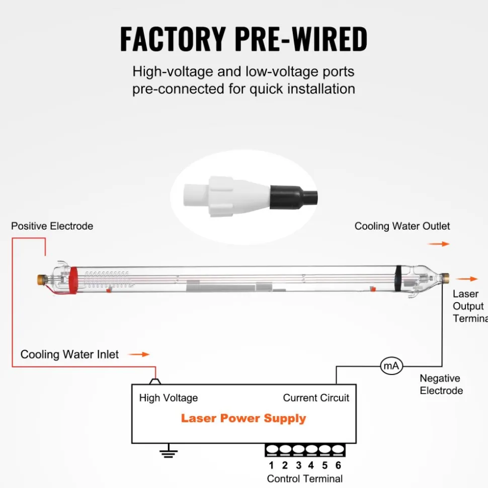 VEVOR 90W CO2 Laser Tube, 49.2 in (1250 mm) Length, 3.1 in (80 mm) Dia Borosilicate Glass Laser Cutter Tube with Metal Head, 10,000hr Wires Preconnected for Laser Engraver Engraving Cutting Machine