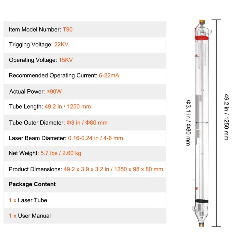 VEVOR 90W CO2 Laser Tube, 49.2 in (1250 mm) Length, 3.1 in (80 mm) Dia Borosilicate Glass Laser Cutter Tube with Metal Head, 10,000hr Wires Preconnected for Laser Engraver Engraving Cutting Machine
