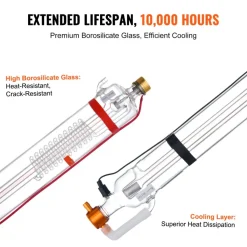 VEVOR 90W CO2 Laser Tube, 49.2 in (1250 mm) Length, 3.1 in (80 mm) Dia Borosilicate Glass Laser Cutter Tube with Metal Head, 10,000hr Wires Preconnected for Laser Engraver Engraving Cutting Machine