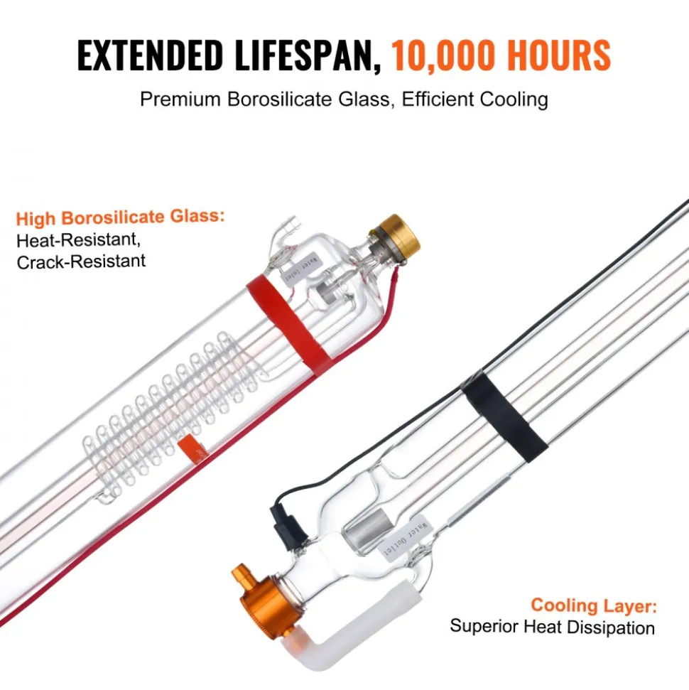 VEVOR 90W CO2 Laser Tube, 49.2 in (1250 mm) Length, 3.1 in (80 mm) Dia Borosilicate Glass Laser Cutter Tube with Metal Head, 10,000hr Wires Preconnected for Laser Engraver Engraving Cutting Machine