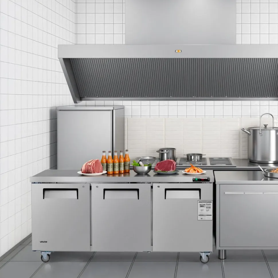 VEVOR 72" W Commercial Freezer, 17.7 Cu.Ft Worktop Freezers Undercounter with LED Auto Lighting and Lockable Door, 3 Doors Food Freezing Prep Worktable, Stainless Steel Prep Frozen Table with Casters