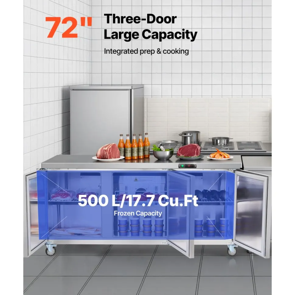 VEVOR 72" W Commercial Freezer, 17.7 Cu.Ft Worktop Freezers Undercounter with LED Auto Lighting and Lockable Door, 3 Doors Food Freezing Prep Worktable, Stainless Steel Prep Frozen Table with Casters