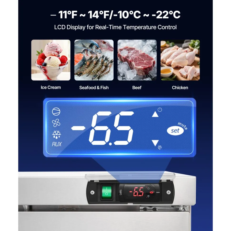 VEVOR 72" W Commercial Freezer, 17.7 Cu.Ft Worktop Freezers Undercounter with LED Auto Lighting and Lockable Door, 3 Doors Food Freezing Prep Worktable, Stainless Steel Prep Frozen Table with Casters