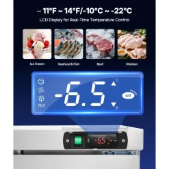 VEVOR 60" W Commercial Freezer, 14.8 Cu.Ft Worktop Freezers Undercounter with LED Auto Lighting and Lockable Door, 2 Doors Food Freezing Prep Worktable, Stainless Steel Prep Frozen Table with Casters