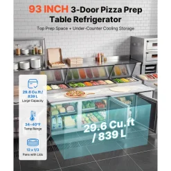 VEVOR 94"W Commercial Refrigerator 29.6 Cu. Ft Pizza Prep Table Fridge, 19" Ultra Wide Cutting Board Salad Refrigerated Worktop, Mega Top Stainless Steel Food Prep Cooler, 12 x 1/3 Pans with Lids