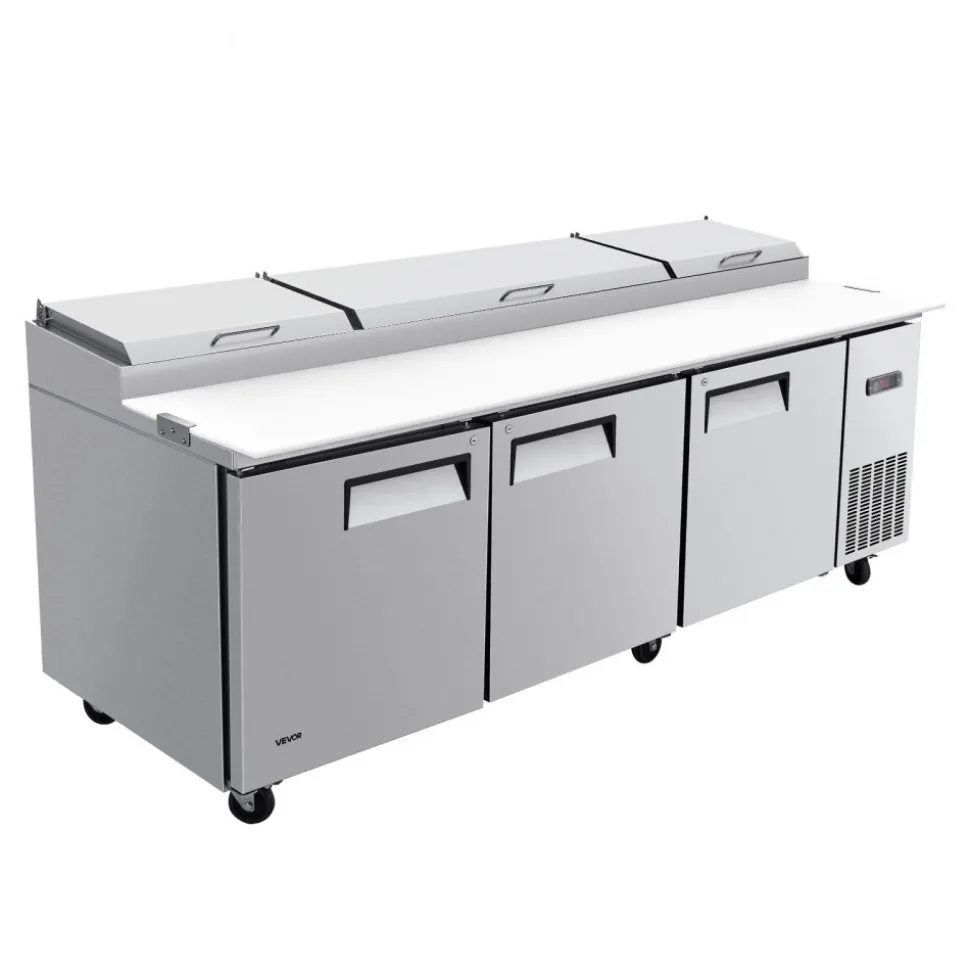 VEVOR 94"W Commercial Refrigerator 29.6 Cu. Ft Pizza Prep Table Fridge, 19" Ultra Wide Cutting Board Salad Refrigerated Worktop, Mega Top Stainless Steel Food Prep Cooler, 12 x 1/3 Pans with Lids