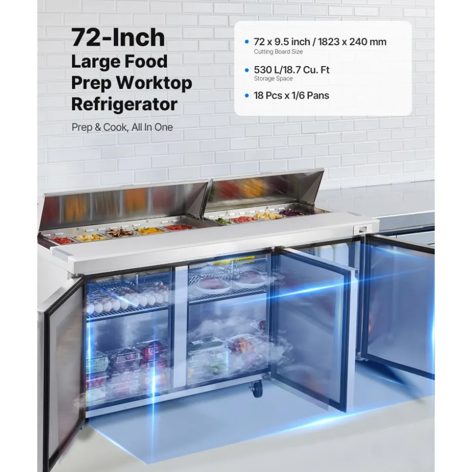 VEVOR 67"W Commercial Refrigerator, Pizza Prep Refrigerated Table, 20" Ultra Wide Countertop Food Prep Worktable, 20.3 Cu.Ft Single Door Salad Prep Fridge, 9 Pans Pizza Make Worktop with Cutting Board