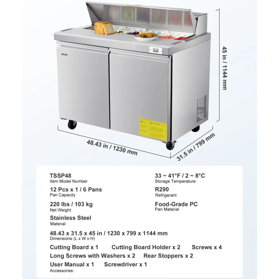 VEVOR 48"W Commercial Refrigerator, 12.5 Cu. Ft Sandwich Prep Refrigerated Table, Mega Top Food Prep Fridge with 12 Pans and Cutting Board, Stainless Steel Salad Prep Cooler for Restaurant, Food Truck