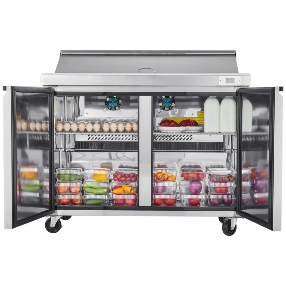 VEVOR 48"W Commercial Refrigerator, 12.5 Cu. Ft Sandwich Prep Refrigerated Table, Mega Top Food Prep Fridge with 12 Pans and Cutting Board, Stainless Steel Salad Prep Cooler for Restaurant, Food Truck